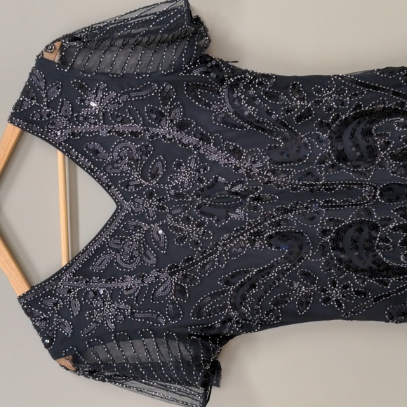 Black Beaded Sequined Halloween Flapper Dress with Fringe Size Medium - Picture 4 of 12